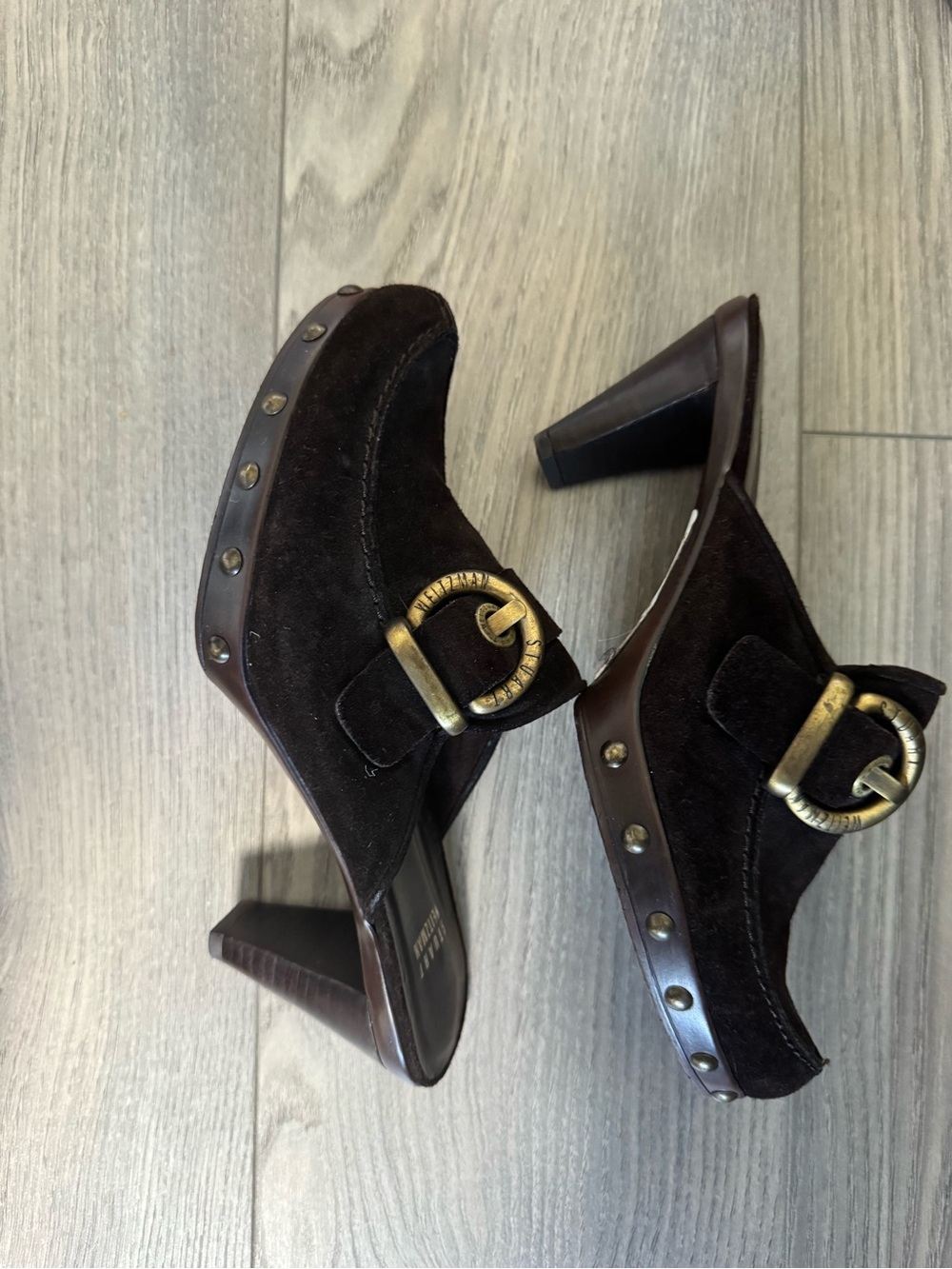 Stuart Weitzman Dark Brown Suede Buckle Stud Platform Mules